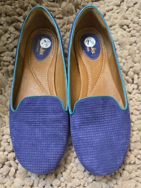 New Clarks Size 7.5 Valley Lounge slip-on flat Blue Brushed Upper Turquoise Trim